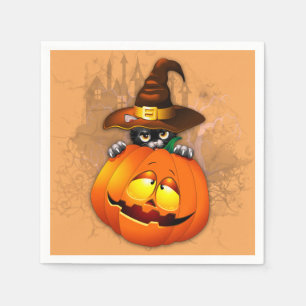 Cute Witch Cat and Pumpkin Halloween Friends Napkins