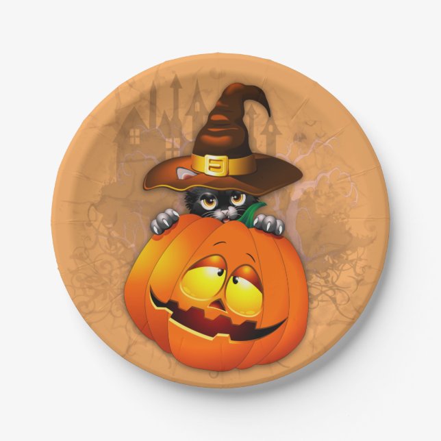 Cute Witch Cat and Pumpkin Halloween Friends Paper Plates (Front)