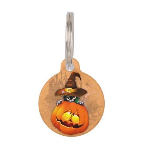 Cute Witch Cat and Pumpkin Halloween Friends Pet ID Tag