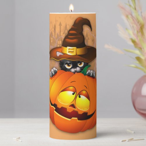 Cute Witch Cat and Pumpkin Halloween Friends Pillar Candle