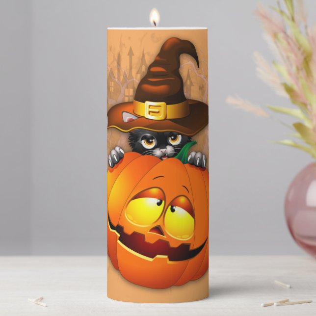 Cute Witch Cat and Pumpkin Halloween Friends Pillar Candle (In Situ)
