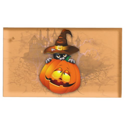Cute Witch Cat and Pumpkin Halloween Friends Place Card Holder