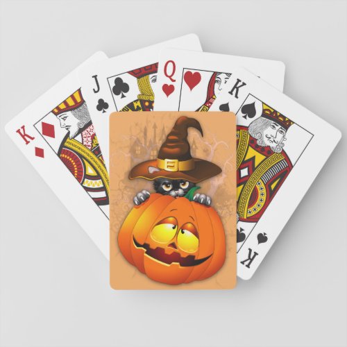 Cute Witch Cat and Pumpkin Halloween Friends Playing Cards