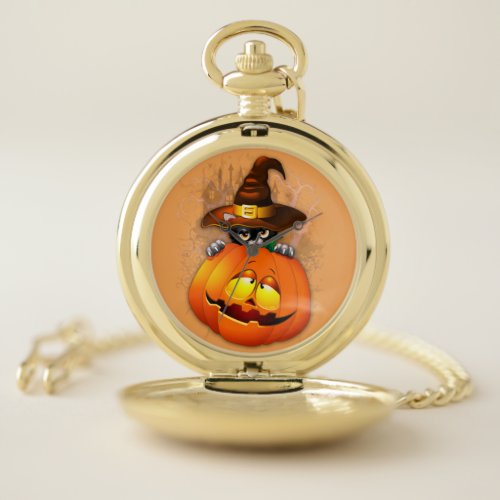 Cute Witch Cat and Pumpkin Halloween Friends Pocket Watch