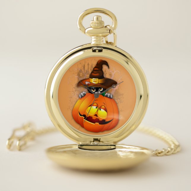 Cute Witch Cat and Pumpkin Halloween Friends Pocket Watch (Inside)