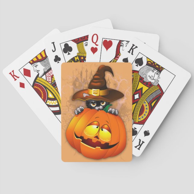 Cute Witch Cat and Pumpkin Halloween Friends Poker Cards (Back)