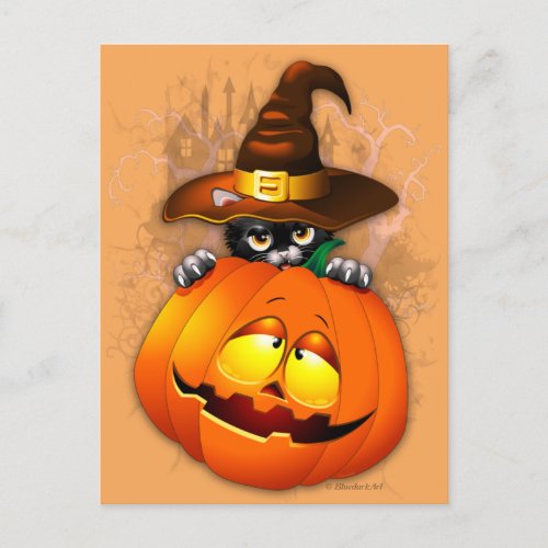 Cute Witch Cat and Pumpkin Halloween Friends Postcard