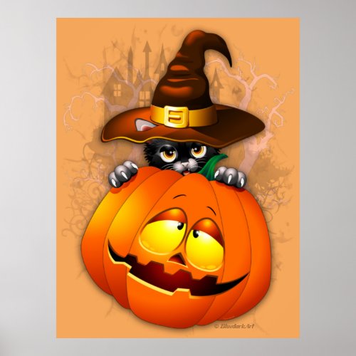 Cute Witch Cat and Pumpkin Halloween Friends Poster