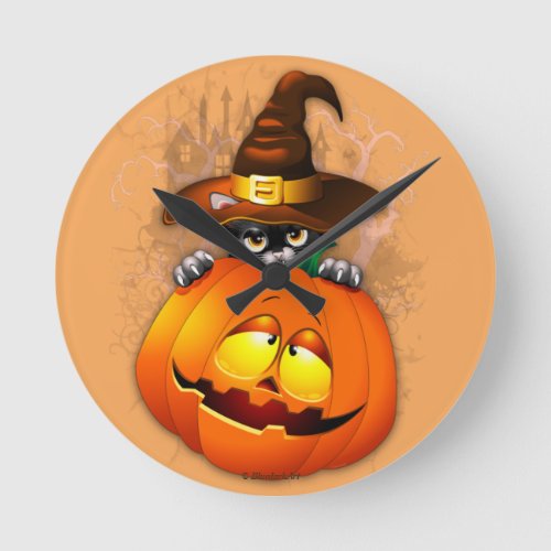 Cute Witch Cat and Pumpkin Halloween Friends Round Clock