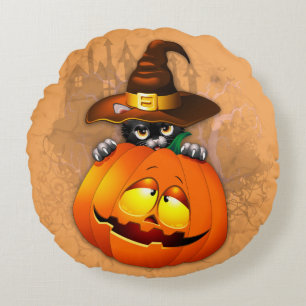 Cute Witch Cat and Pumpkin Halloween Friends Round Pillow