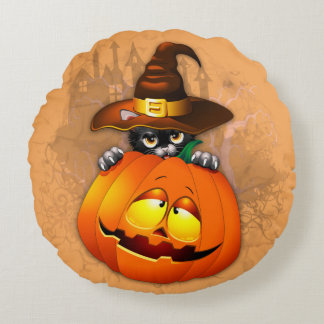 Cute Witch Cat and Pumpkin Halloween Friends Round Pillow