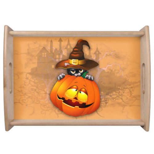 Cute Witch Cat and Pumpkin Halloween Friends Serving Tray