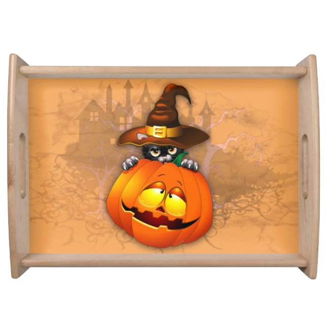 Cute Witch Cat and Pumpkin Halloween Friends Serving Tray (Front)
