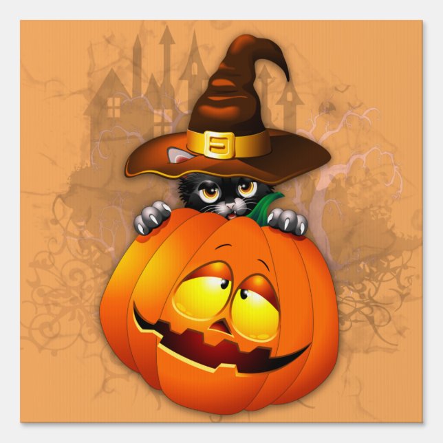 Cute Witch Cat and Pumpkin Halloween Friends Sign (Front)