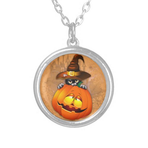 Cute Witch Cat and Pumpkin Halloween Friends Silver Plated Necklace