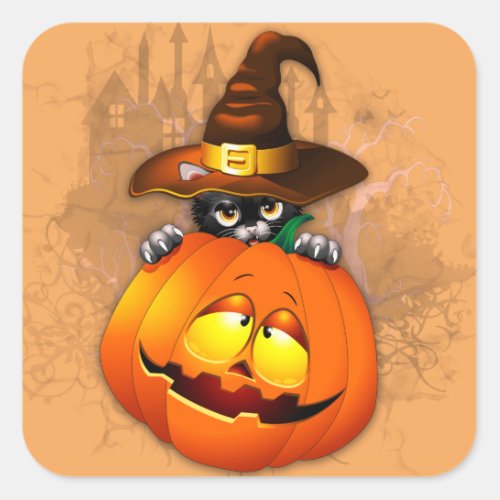 Cute Witch Cat and Pumpkin Halloween Friends Square Sticker