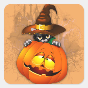 Cute Witch Cat and Pumpkin Halloween Friends Square Sticker