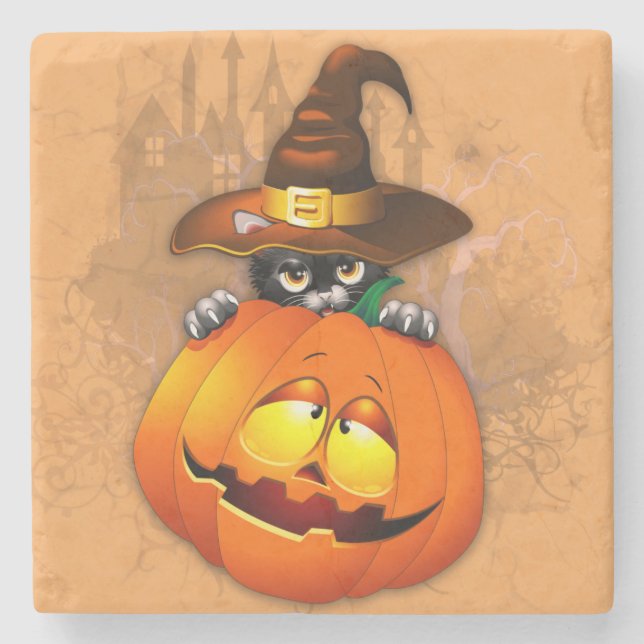 Cute Witch Cat and Pumpkin Halloween Friends Stone Coaster (Front)