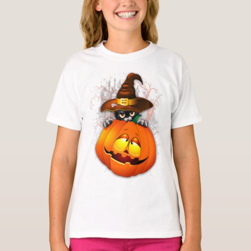 Cute Witch Cat and Pumpkin Halloween Friends T_Shirt