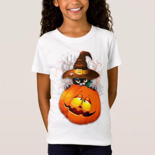 Cute Witch Cat and Pumpkin Halloween Friends T_Shirt