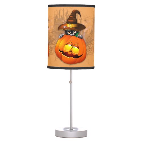 Cute Witch Cat and Pumpkin Halloween Friends Table Lamp