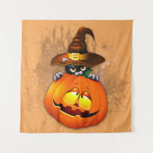Cute Witch Cat and Pumpkin Halloween Friends Tapestry