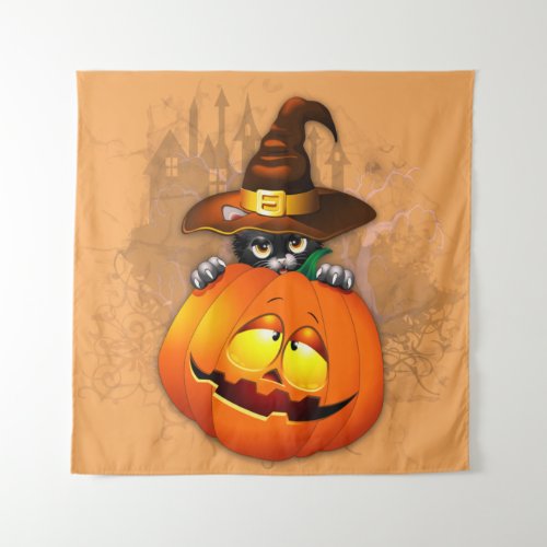 Cute Witch Cat and Pumpkin Halloween Friends Tapestry