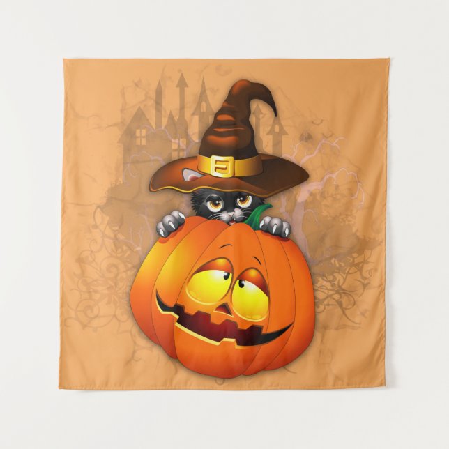 Cute Witch Cat and Pumpkin Halloween Friends Tapestry (Front)