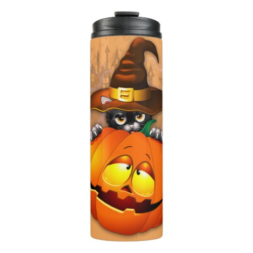 Cute Witch Cat and Pumpkin Halloween Friends Thermal Tumbler