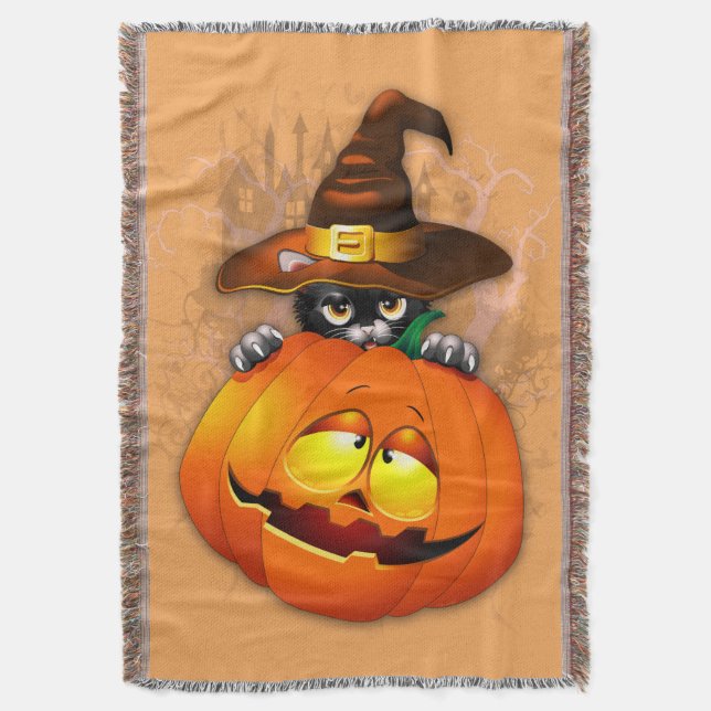 Cute Witch Cat and Pumpkin Halloween Friends Throw Blanket (Front Vertical)