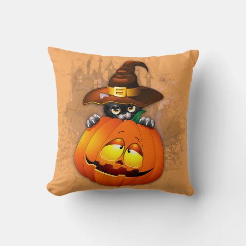 Cute Witch Cat and Pumpkin Halloween Friends Throw Pillow