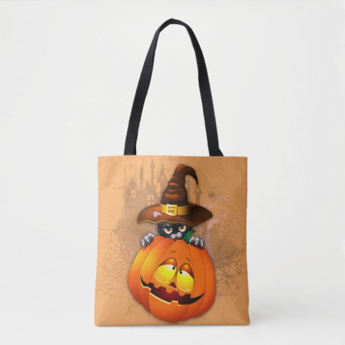 Cute Witch Cat and Pumpkin Halloween Friends Tote Bag