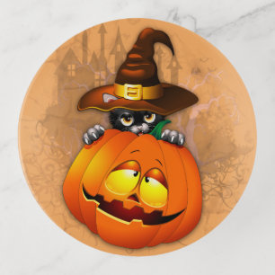 Cute Witch Cat and Pumpkin Halloween Friends Trinket Tray