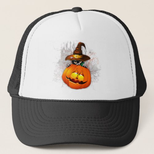 Cute Witch Cat and Pumpkin Halloween Friends Trucker Hat