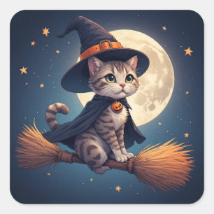 Cute Witch Cat And Stars Halloween Moon Scene 🎃 Square Sticker