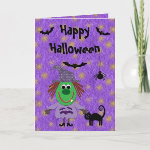 Cute Witch, Cat, Bats & Spider Purple Halloween Card