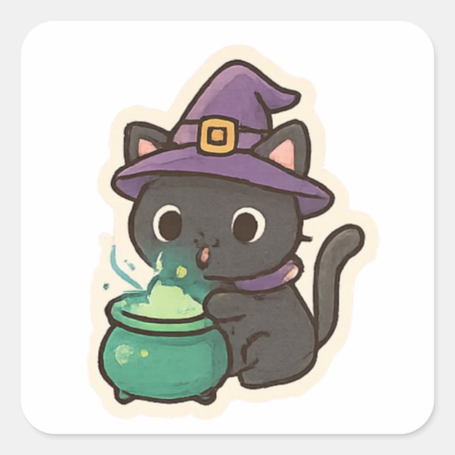 Cute Witch Cat Brewing Potion – Kawaii Halloween Square Sticker (Front)