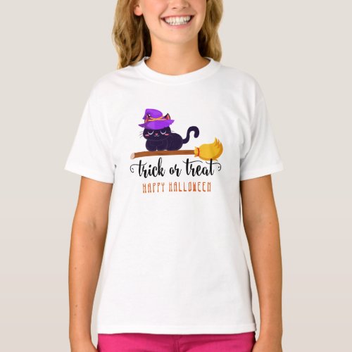 Cute Witch Cat Broom Happy Halloween Personalized T_Shirt
