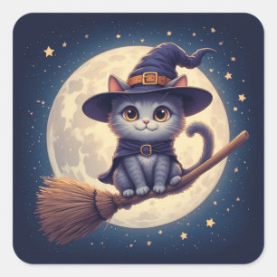 Cute Witch Cat Flying Across Full Moon Night 🎃 Square Sticker