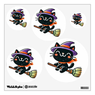 Cute witch cat flying on a broom - Halloween  Wall Decal