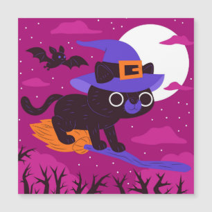 Cute Witch Cat Flying on Broom Halloween Kawaii