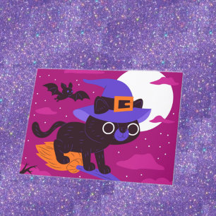 Cute Witch Cat Flying on Broom Halloween Kawaii Card
