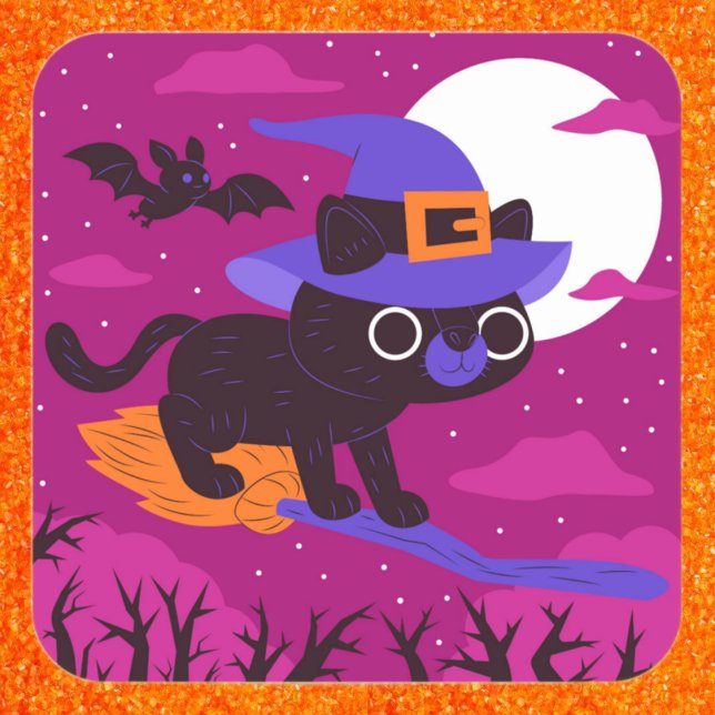 Cute Witch Cat Flying on Broom Halloween Kawaii Square Sticker (Creator Uploaded)