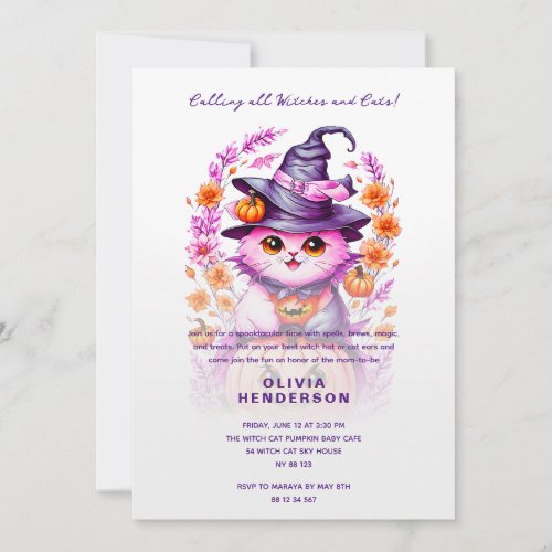 Cute Witch Cat Halloween Baby Shower Invitation
