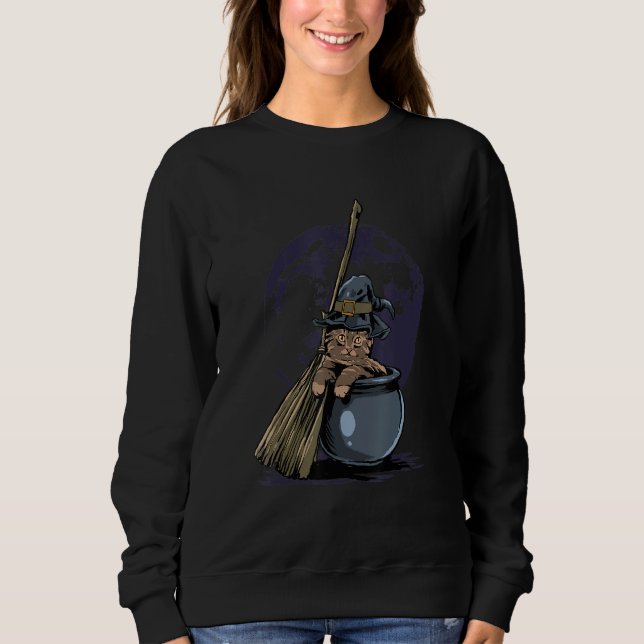 Cute Witch Cat Halloween Full Moon Kitty Cat  Cat  Sweatshirt (Front)