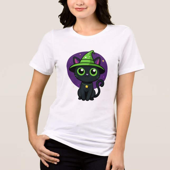 Cute Witch Cat Halloween T-Shirt – Adorable Black Tri-Blend Shirt (Front)