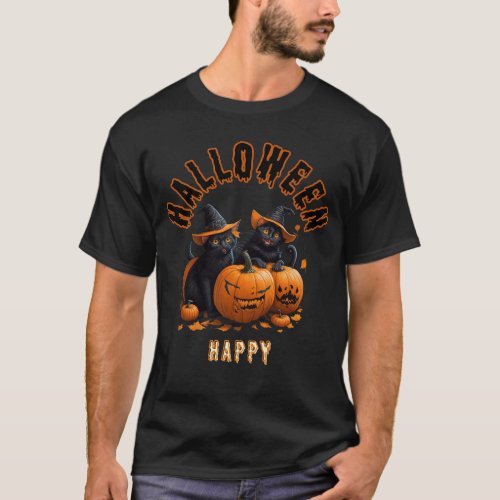 Cute Witch Cat Hug Pumpkin Halloween T_Shirt