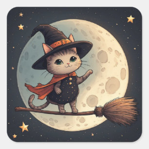 Cute Witch Cat Moonlit Halloween Sky Theme 🎃 Square Sticker