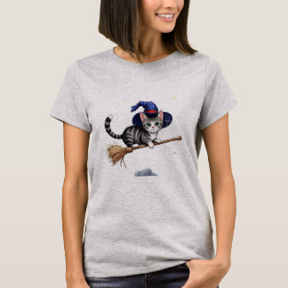 Cute Witch Cat on Broom – Adorable Flying Kitty T-Shirt