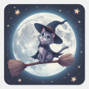 Cute Witch Cat On Broom Under Full Moon Sky 🎃 Square Sticker